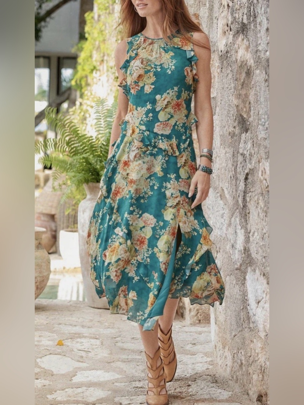 SUNDANCE Faye Floral Ruffled Asymmetrical Hem Midi Dress XS (2-4) NWOT Boho